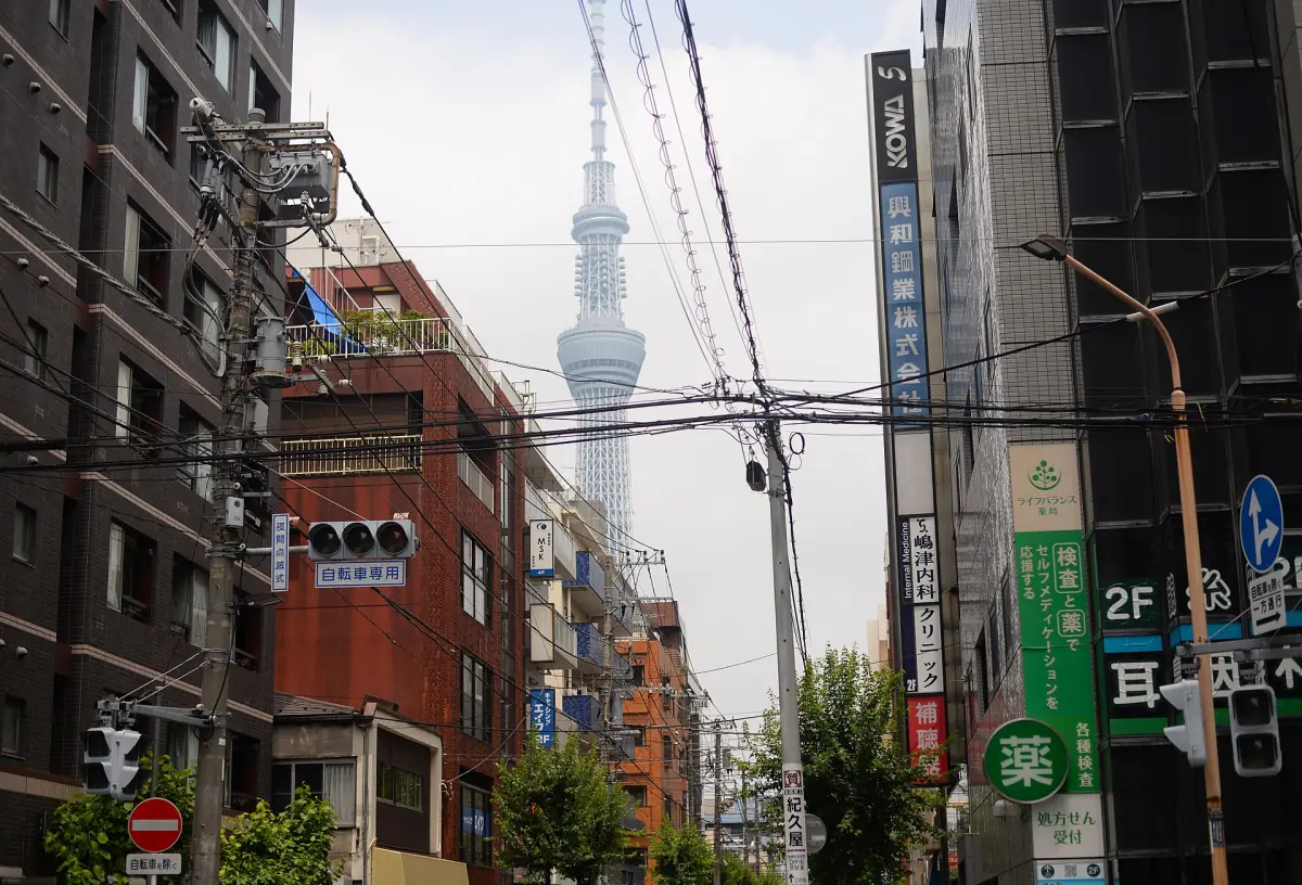 Tokyo Skytree above a street in Asakusa